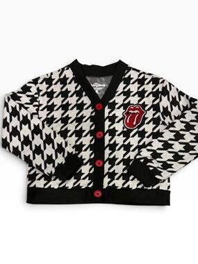 Rolling Stones Black & White Houndstooth Cardigan with Red Buttons Tongue Patch